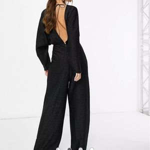 NA-KD batwing plunge-front jumpsuit in black glitter